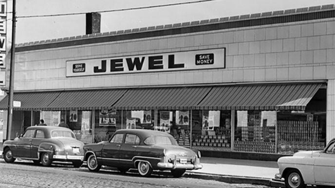 A historic photo of the exterior of a Jewel supermarket.